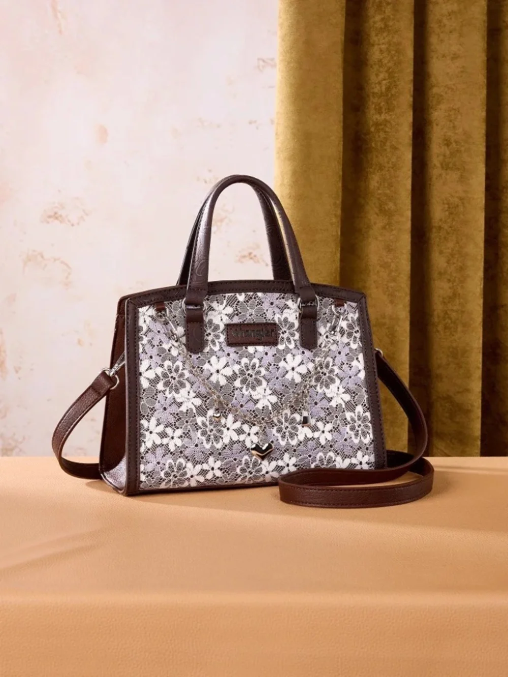 Wrangler Western Chic Lace with Chain Charm Satchel/Crossbody Bag Coffee